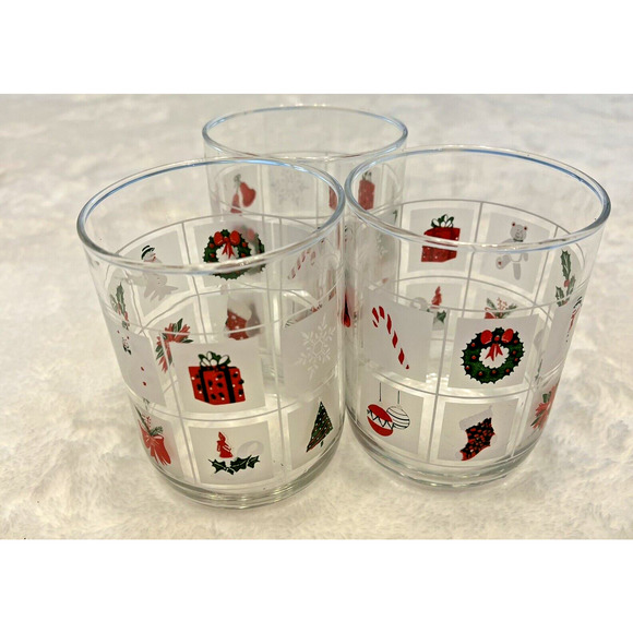 Libbey Vintage Christmas Frosted Pane Low Ball Glasses Set of 3 Holiday Eggnog - Picture 1 of 2